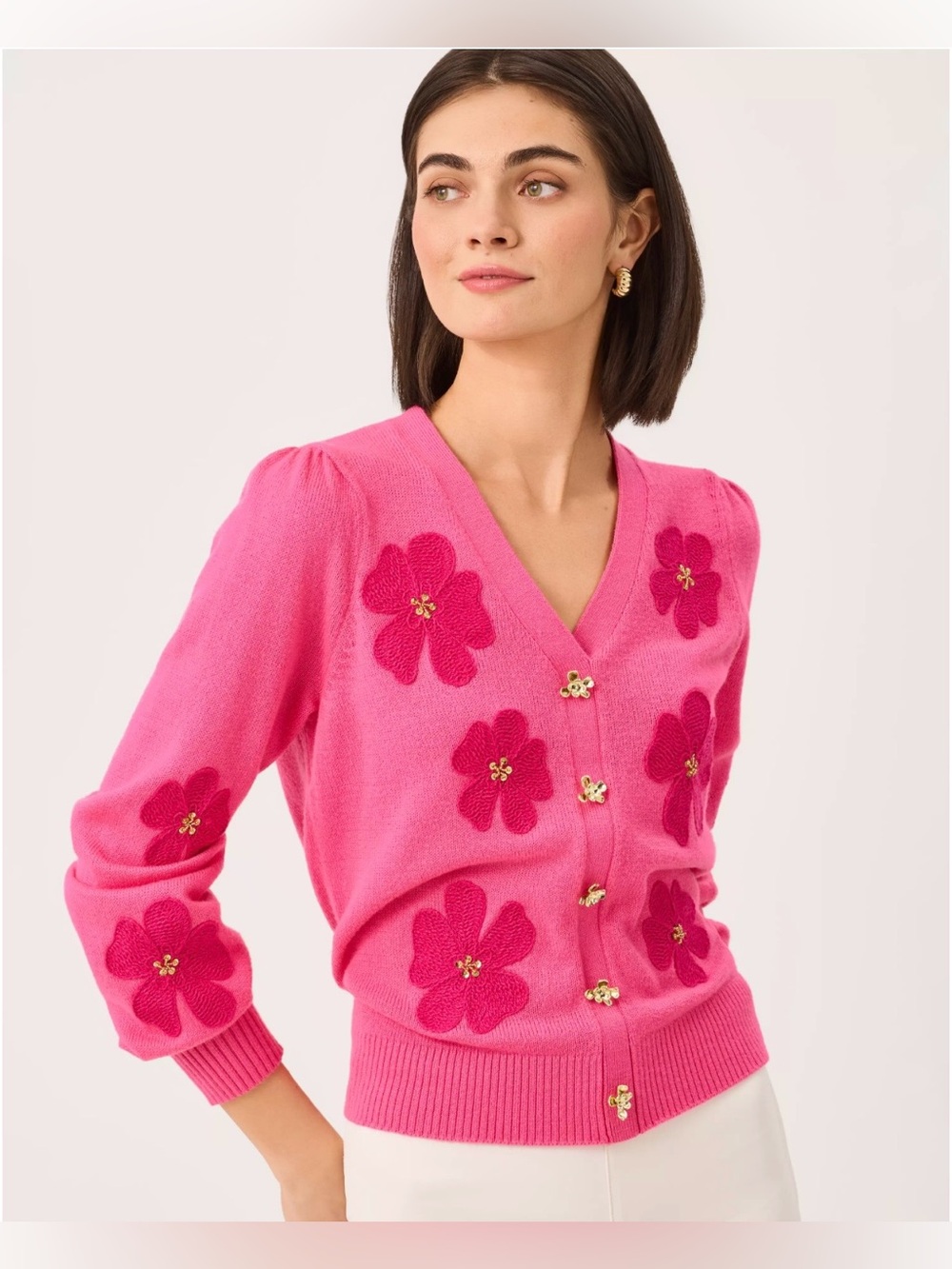 NWT LILLY PULITZER MILLARD Pullover Sweater Hot Pink Floral Appliqué V Neck/SMAL